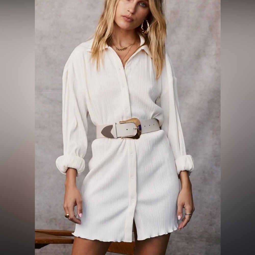 Cream Plisse belted mini dress